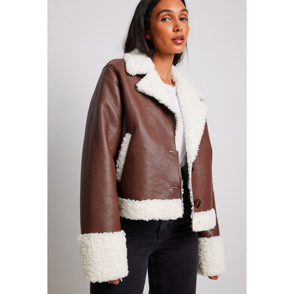 NA-KD Lisa & Lena Brown Aviator Teddy Faux Leather Button Jacket, sz EU 38/US 8 - Picture 1 of 13